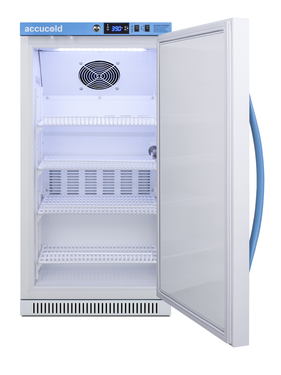 ADA height solid door all-refrigerator with four adjustable shelves designed for recessed or freestanding use, with four adjustable shelves, automatic defrost, hopsital grade cord with 'green dot' plug, and antimicrobial silver-ion handle.